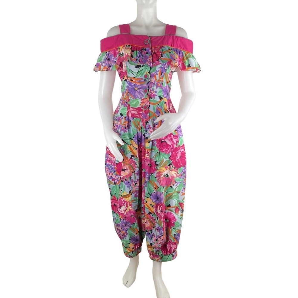 VTG 80s Jumpsuit Playsuit Colorful Floral Act 1 New York SZ 10 (SEE FLAWS